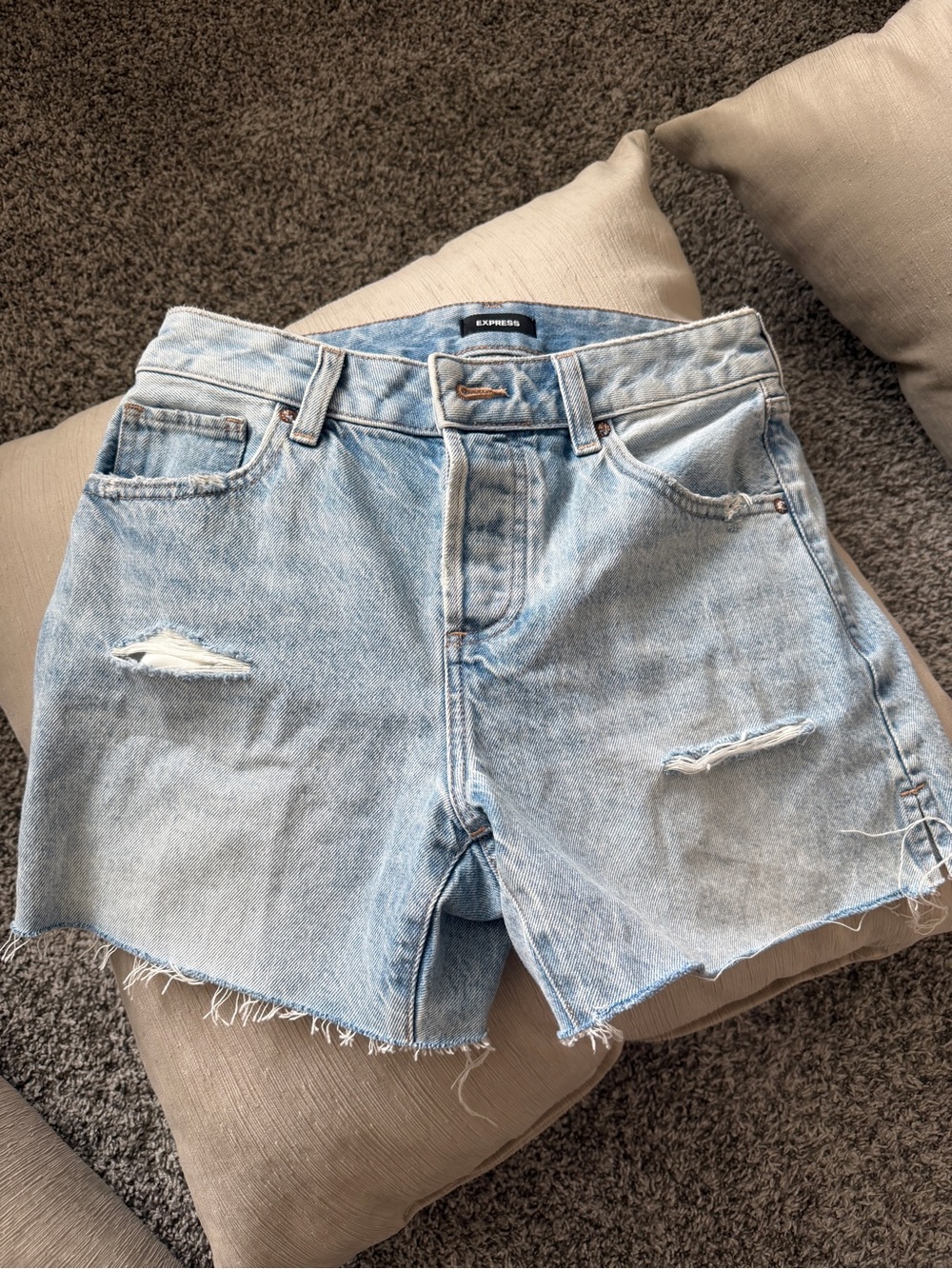 Express Light Blue High-Rise Distressed Denim Shorts